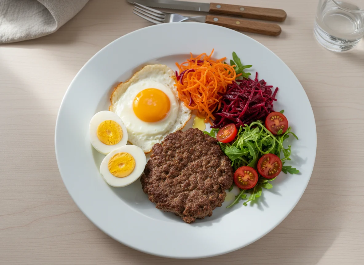 Prato variado com ovos, carne e salada photo