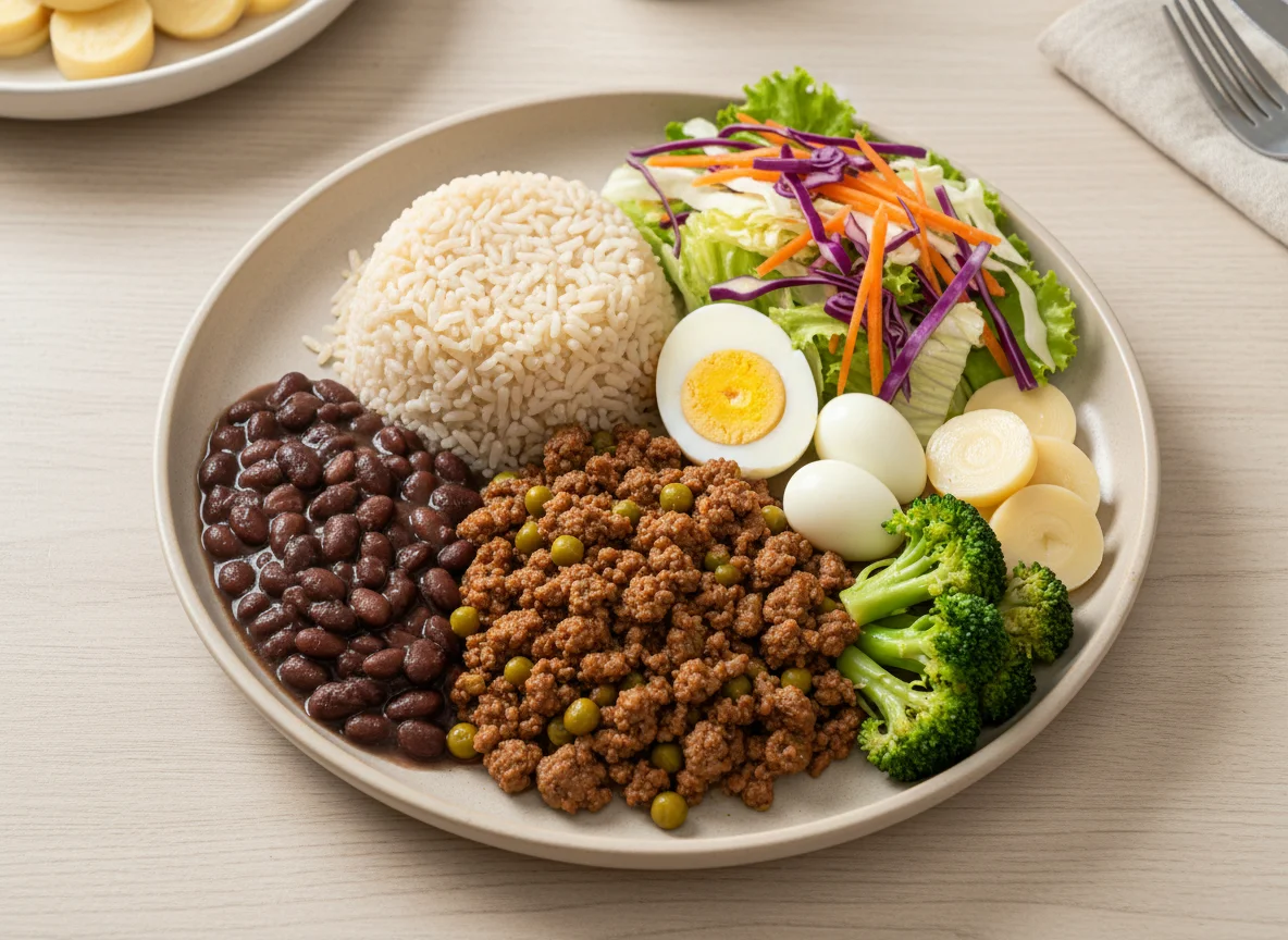 Prato variado com ovos, carne moída, arroz e feijão photo