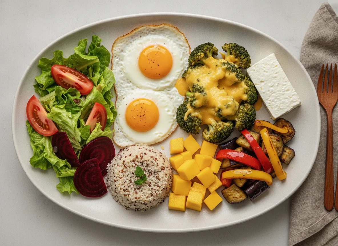 Prato variado com ovos fritos, salada e legumes photo
