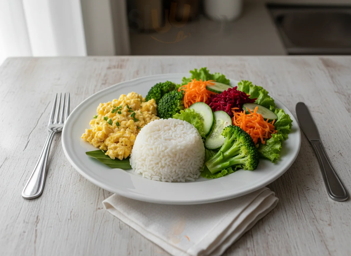 Prato variado com ovos mexidos, arroz e salada photo