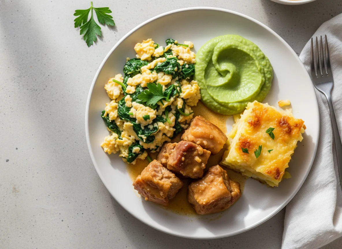 Prato variado com ovos mexidos, carne e legumes photo