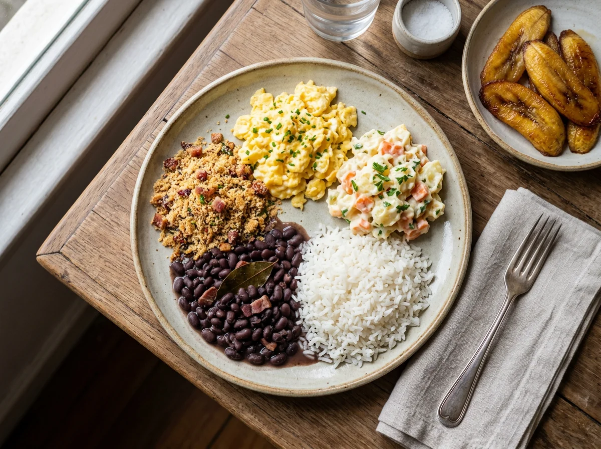 Prato variado com ovos mexidos, feijão, arroz, farofa e banana photo