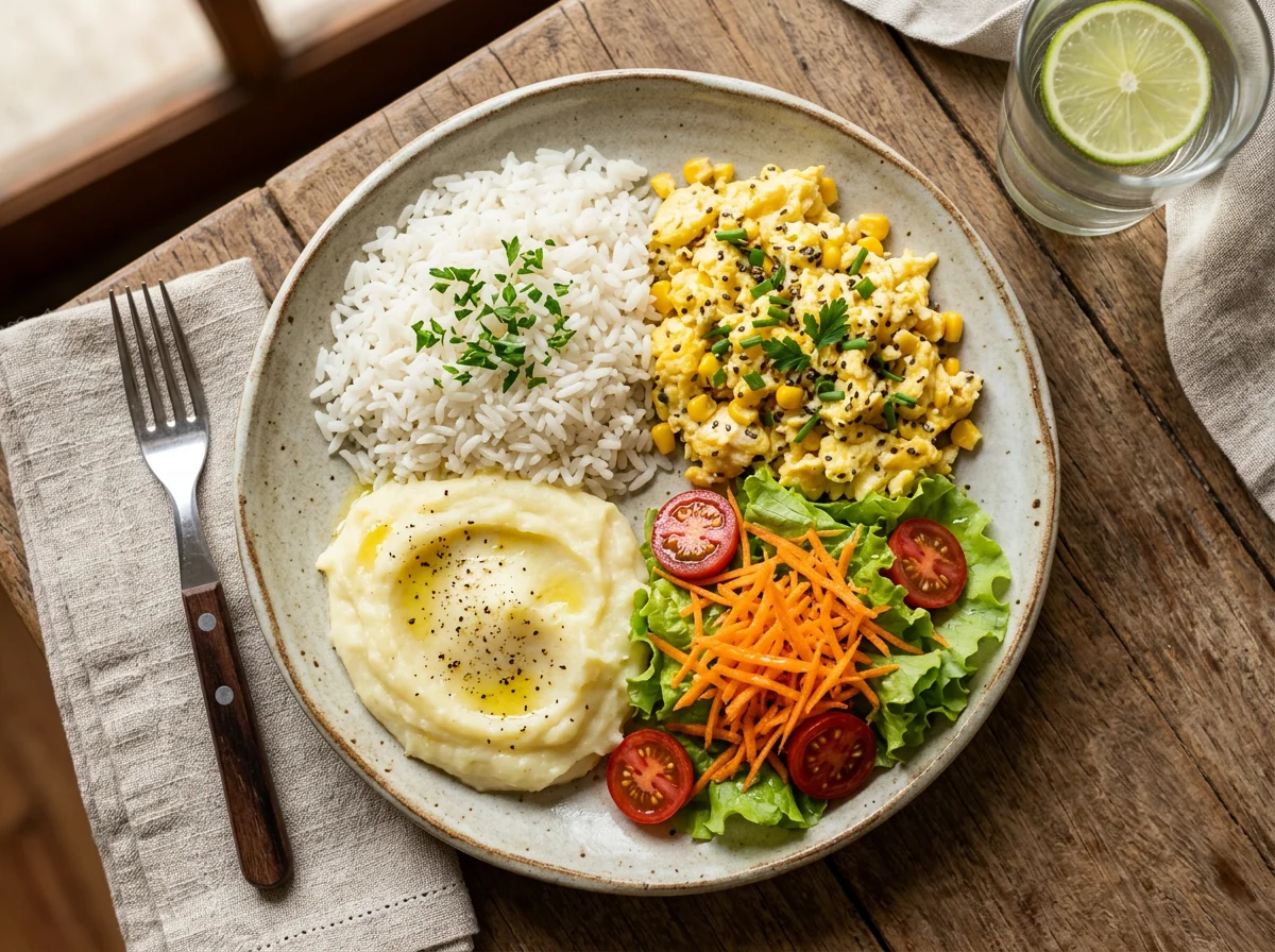Prato variado com ovos mexidos, purê, arroz e salada photo