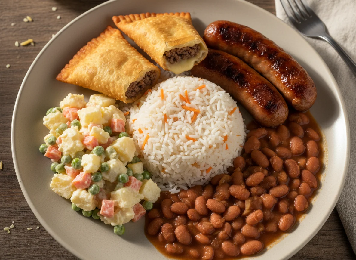 Prato variado com pastel, arroz, feijão, salada de maionese e linguiça photo