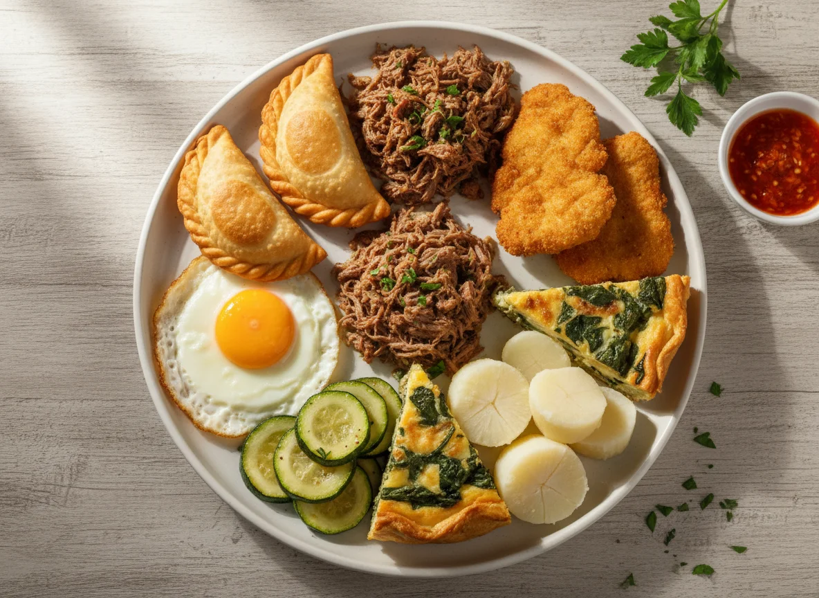 Prato variado com pastel, carne, ovo e vegetais photo