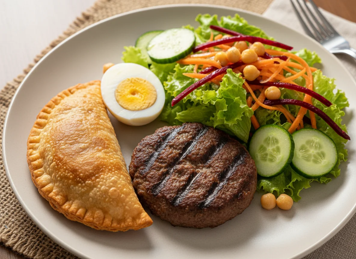 Prato variado com pastel de carne e salada photo