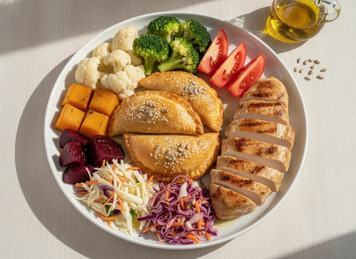 Prato variado com pastel, frango e saladas photo