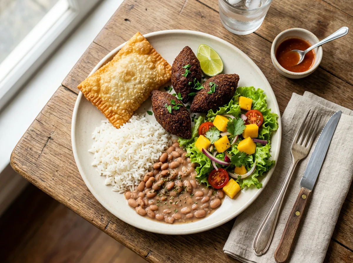 Prato variado com pastel, quibe e salada photo