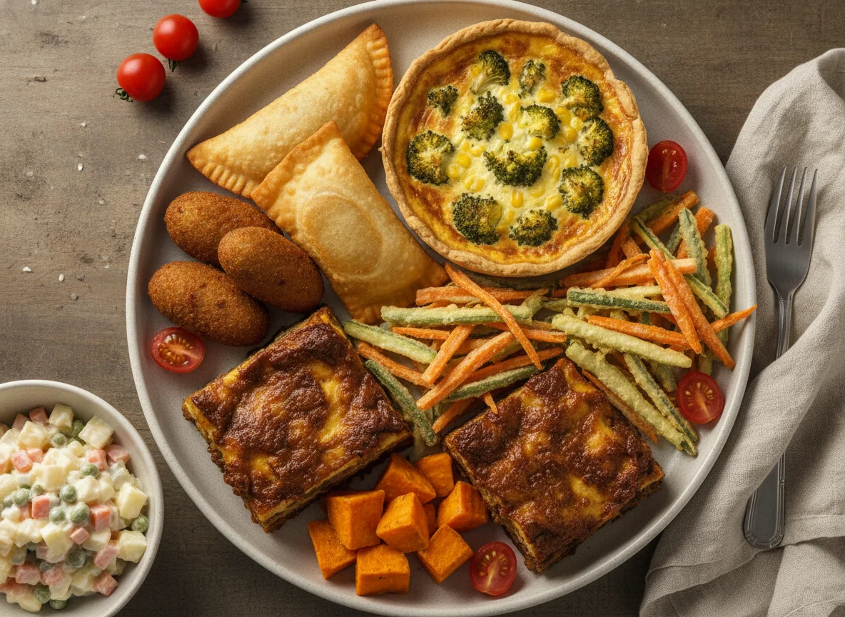Prato variado com pastel, quiche e vegetais photo
