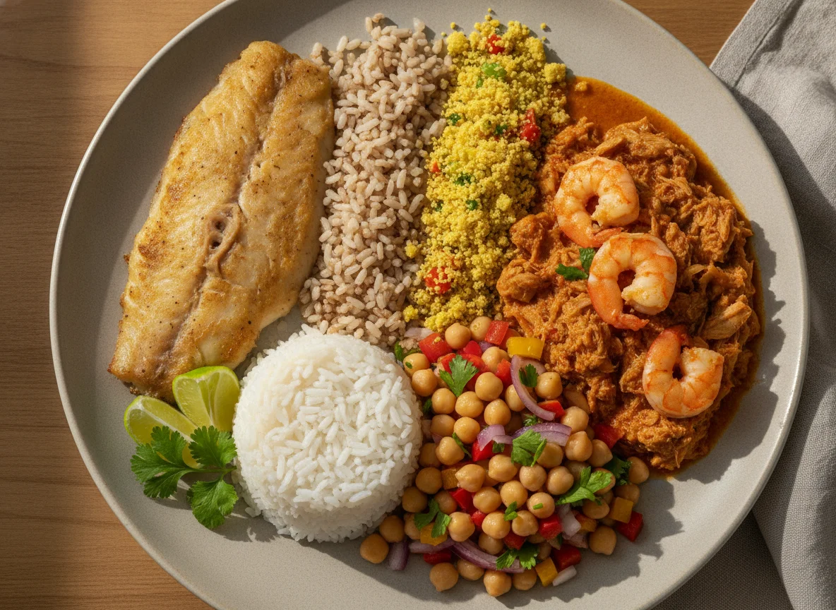 Prato variado com peixe, arroz e salada de grão-de-bico photo