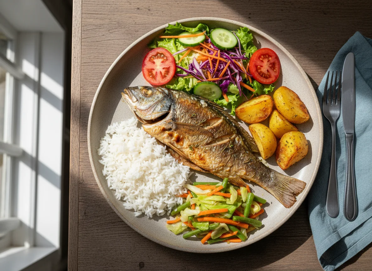 Prato variado com peixe assado, arroz, batatas e salada photo