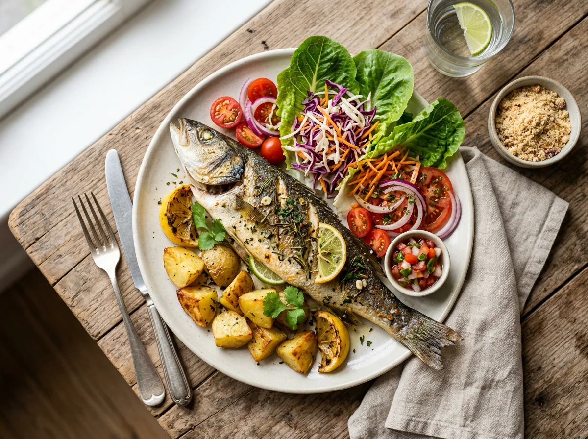 Prato variado com peixe assado e salada photo