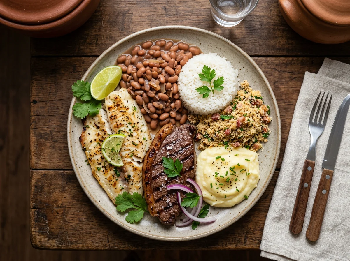 Prato variado com peixe, carne e acompanhamentos photo