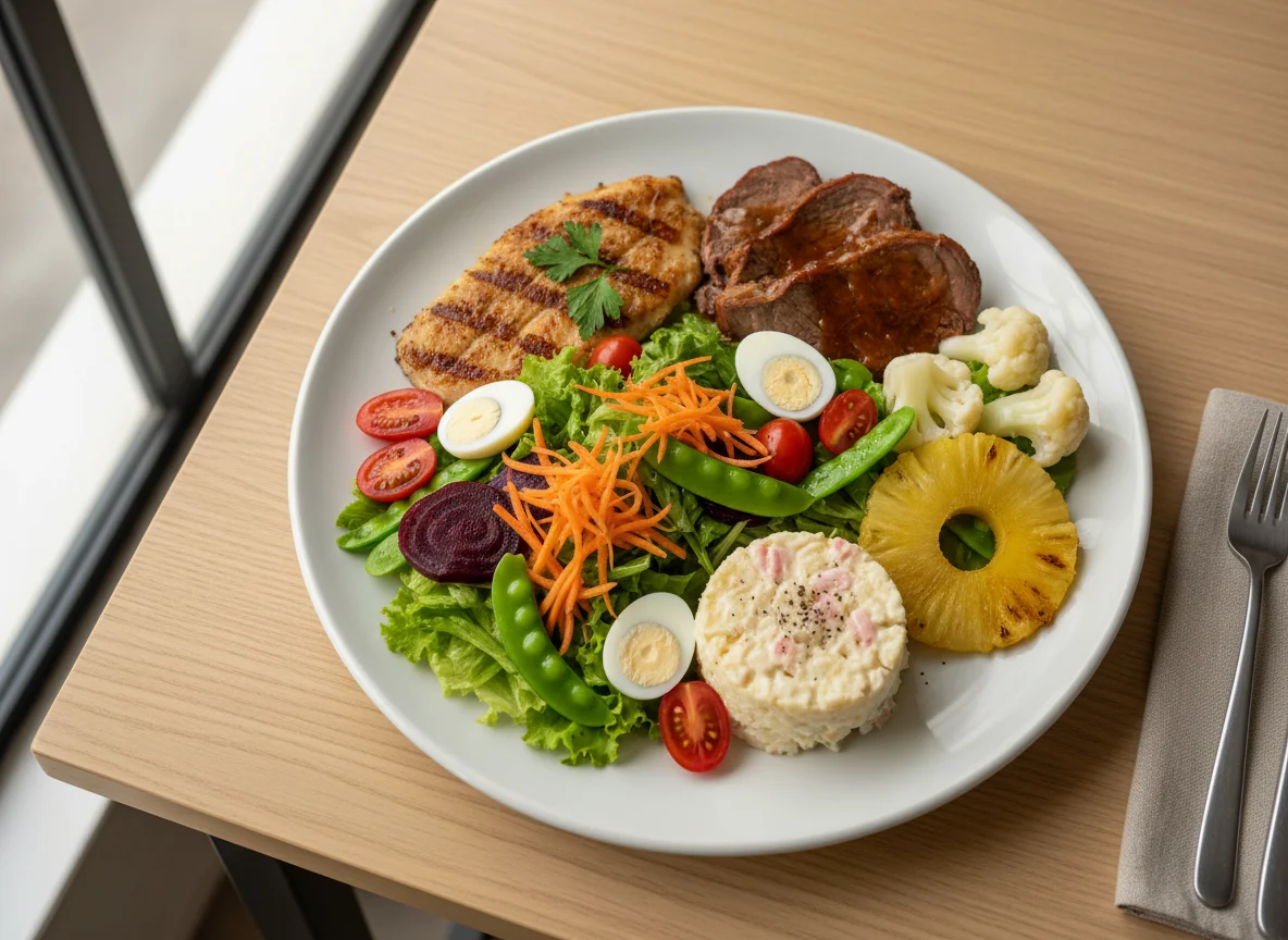 Prato variado com peixe, carne e salada photo