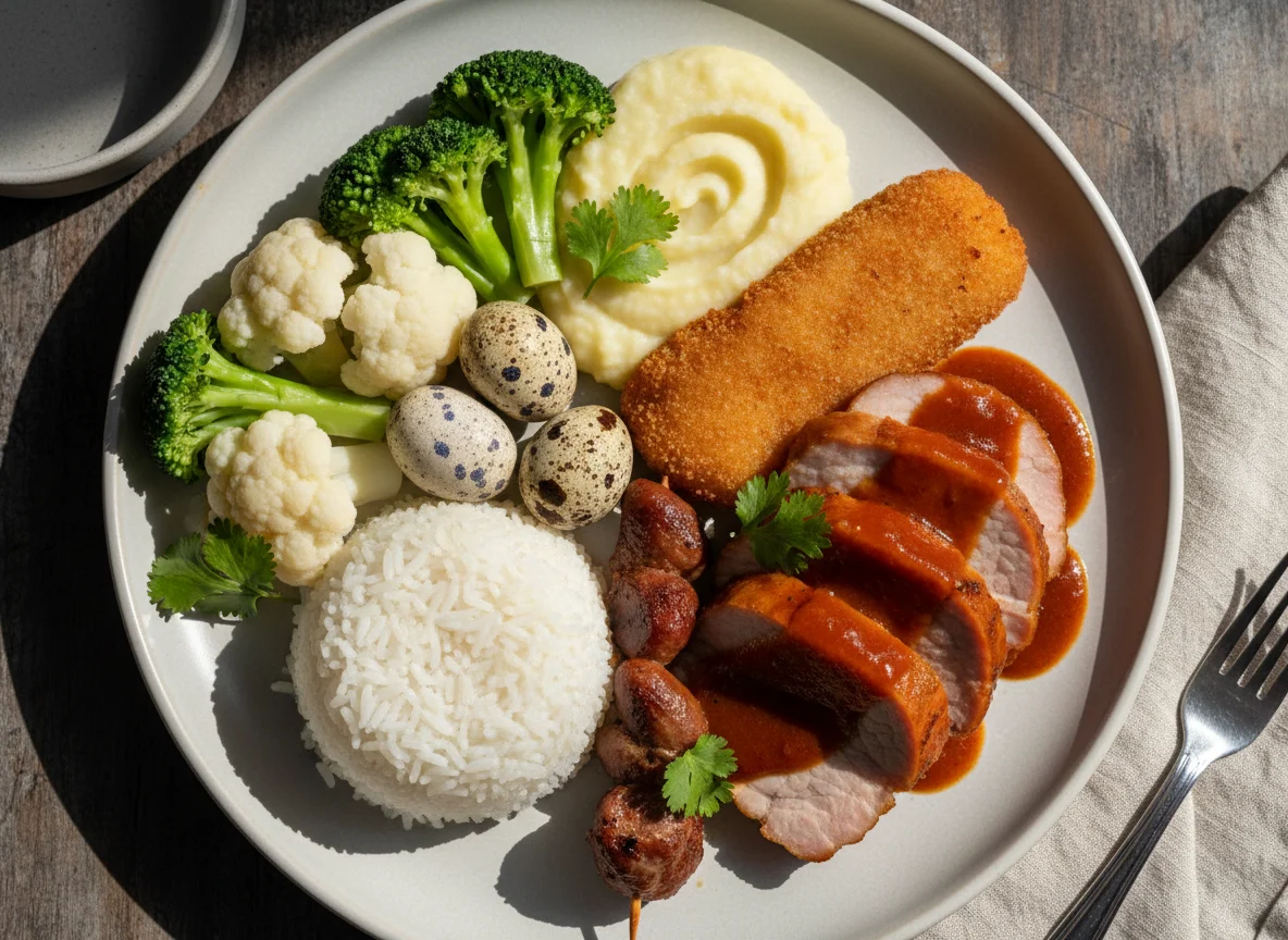 Prato variado com peixe, carne e vegetais photo