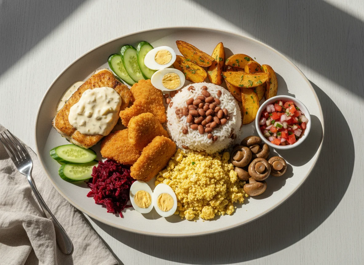 Prato variado com peixe e acompanhamentos photo