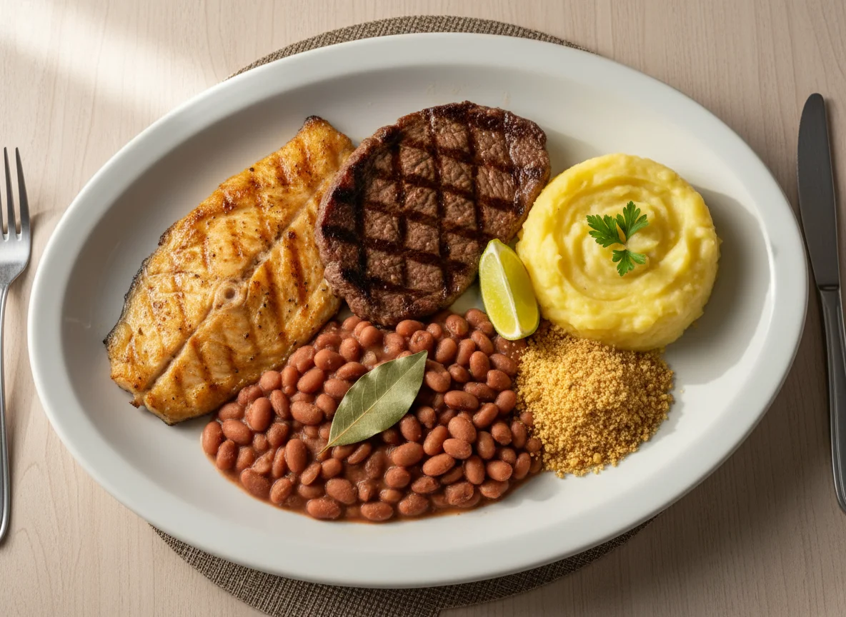 Prato variado com peixe e carne photo