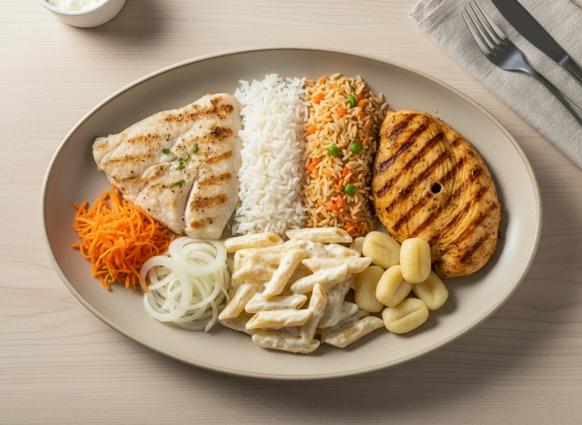 Prato variado com peixe e frango photo