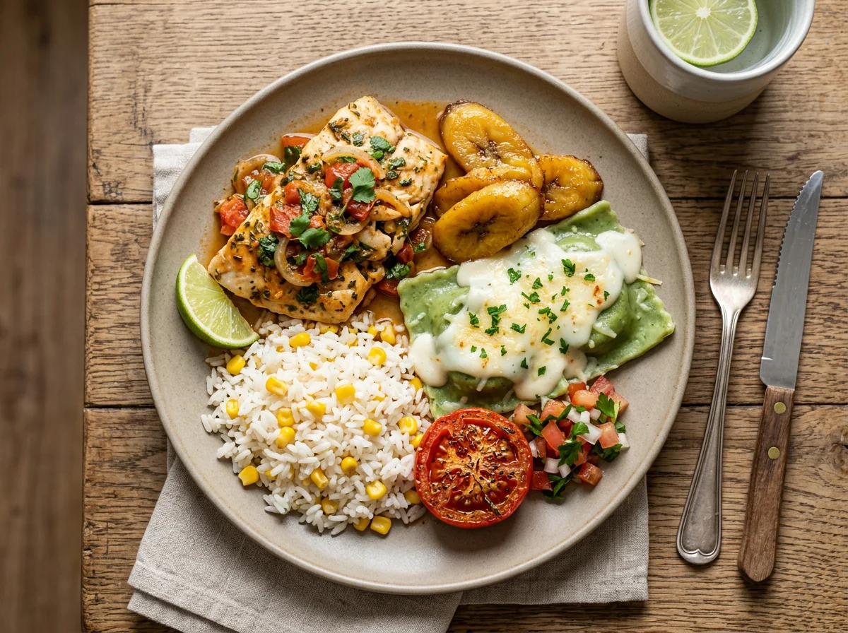 Prato variado com peixe e massa photo