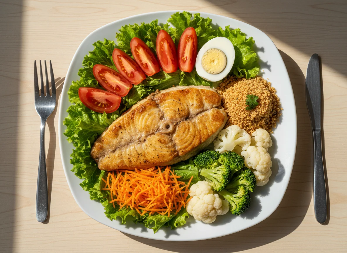 Prato variado com peixe e salada photo