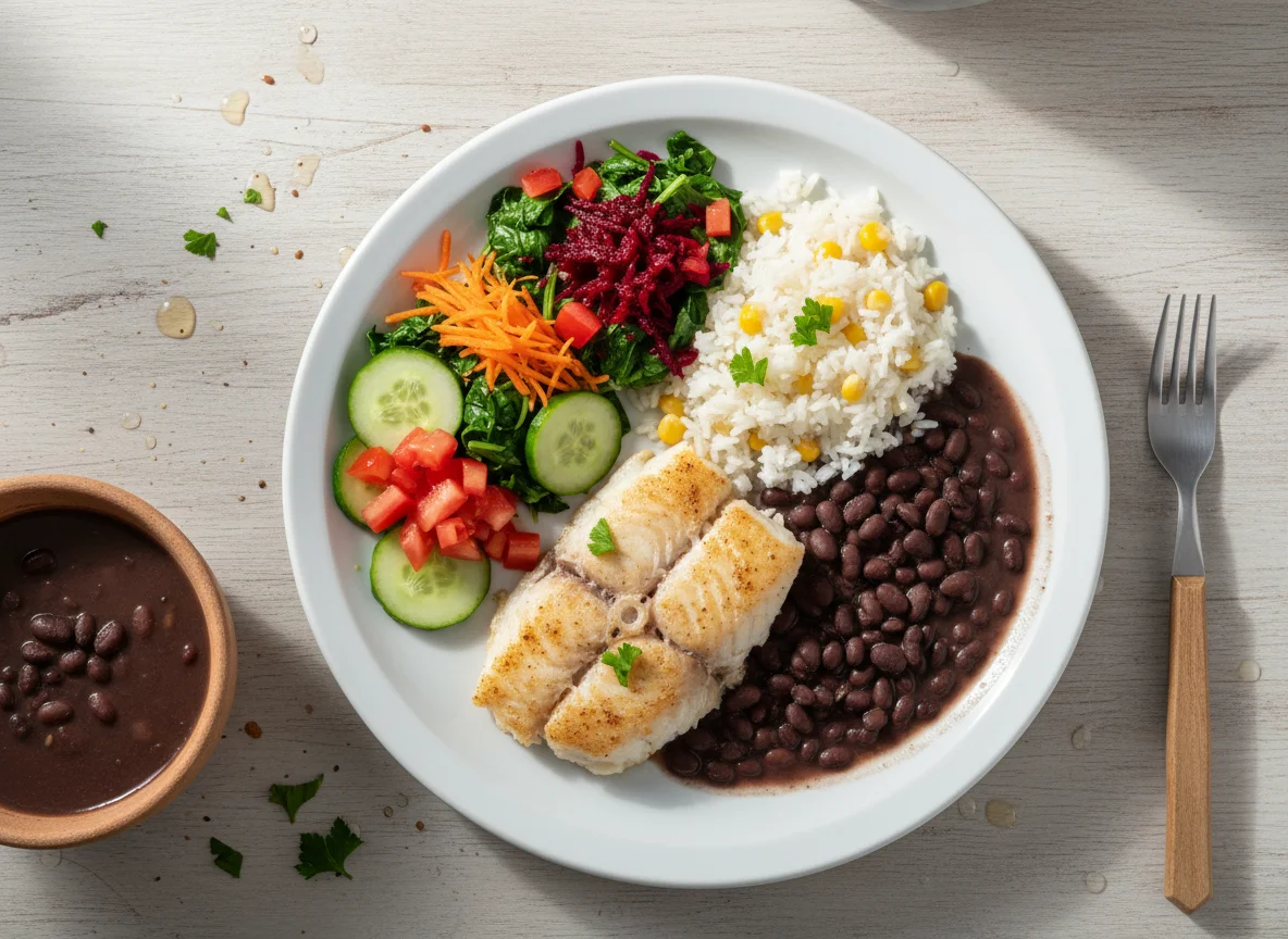 Prato variado com peixe, feijão e salada photo