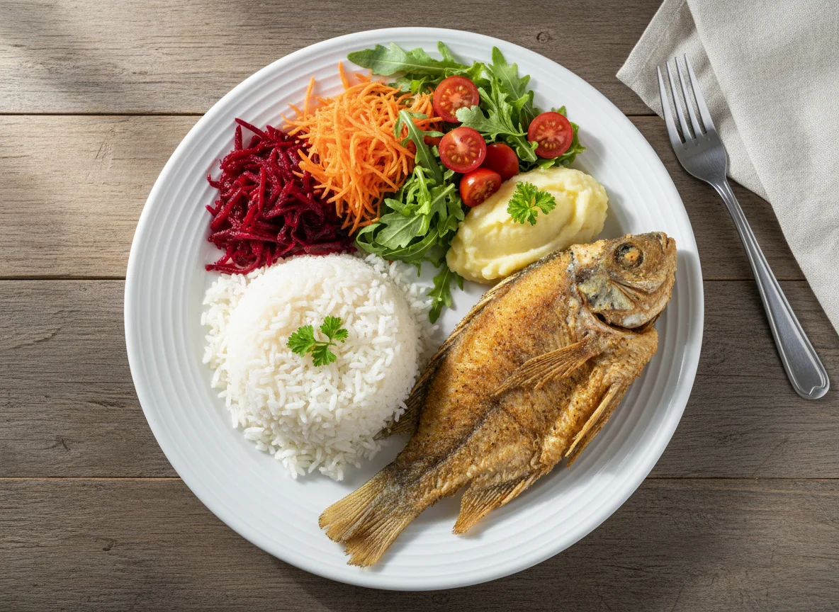 Prato variado com peixe frito, arroz e salada photo