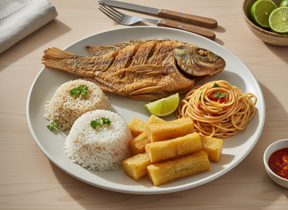 Prato variado com peixe frito, arroz, macarrão e mandioca photo