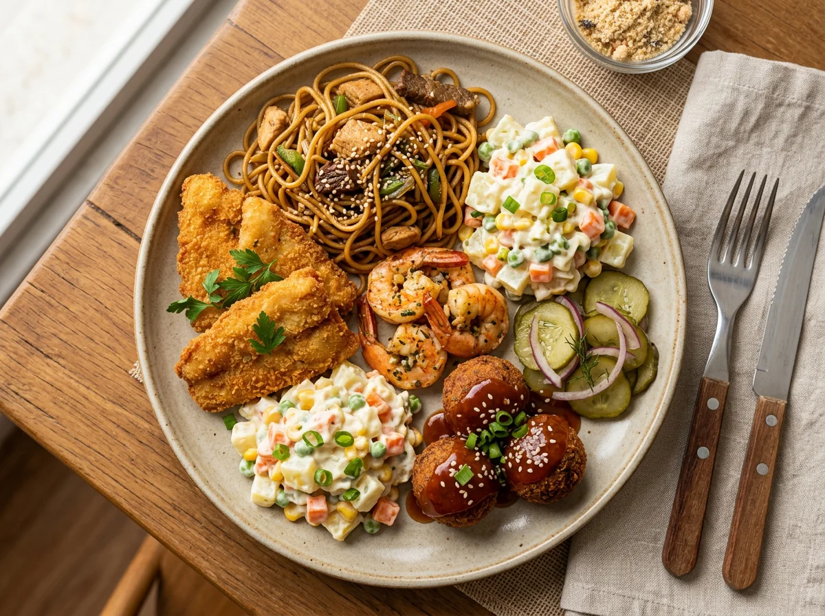 Prato variado com peixe frito, camarão e yakisoba photo