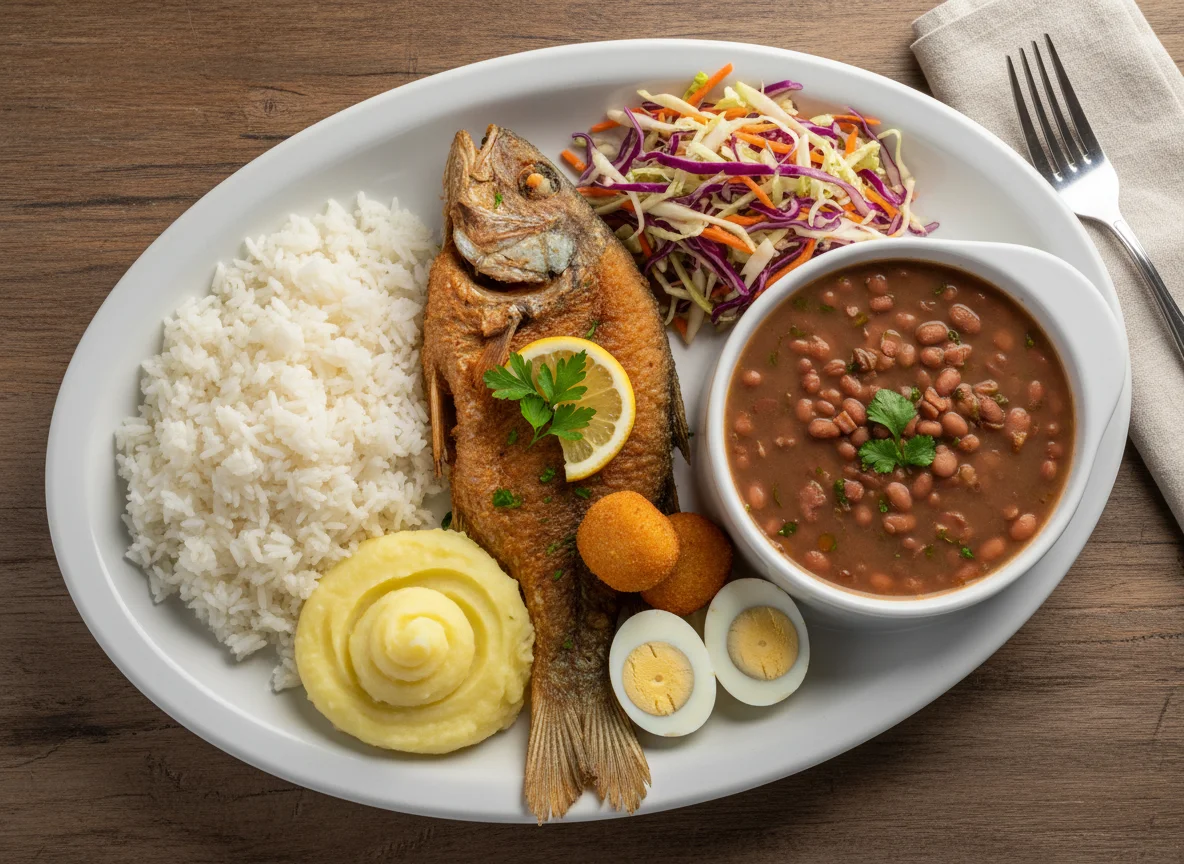 Prato variado com peixe frito, feijão e salada photo