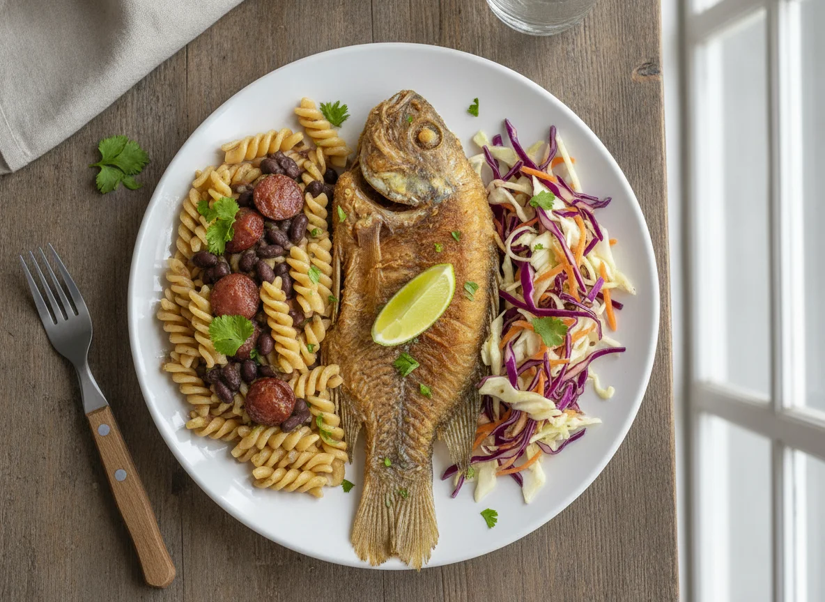 Prato variado com peixe frito, macarrão e salada photo