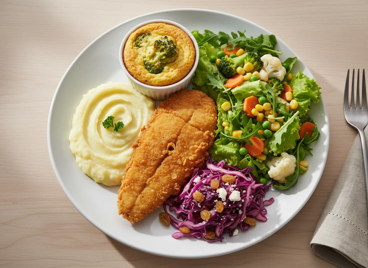 Prato variado com peixe frito, purê e salada photo