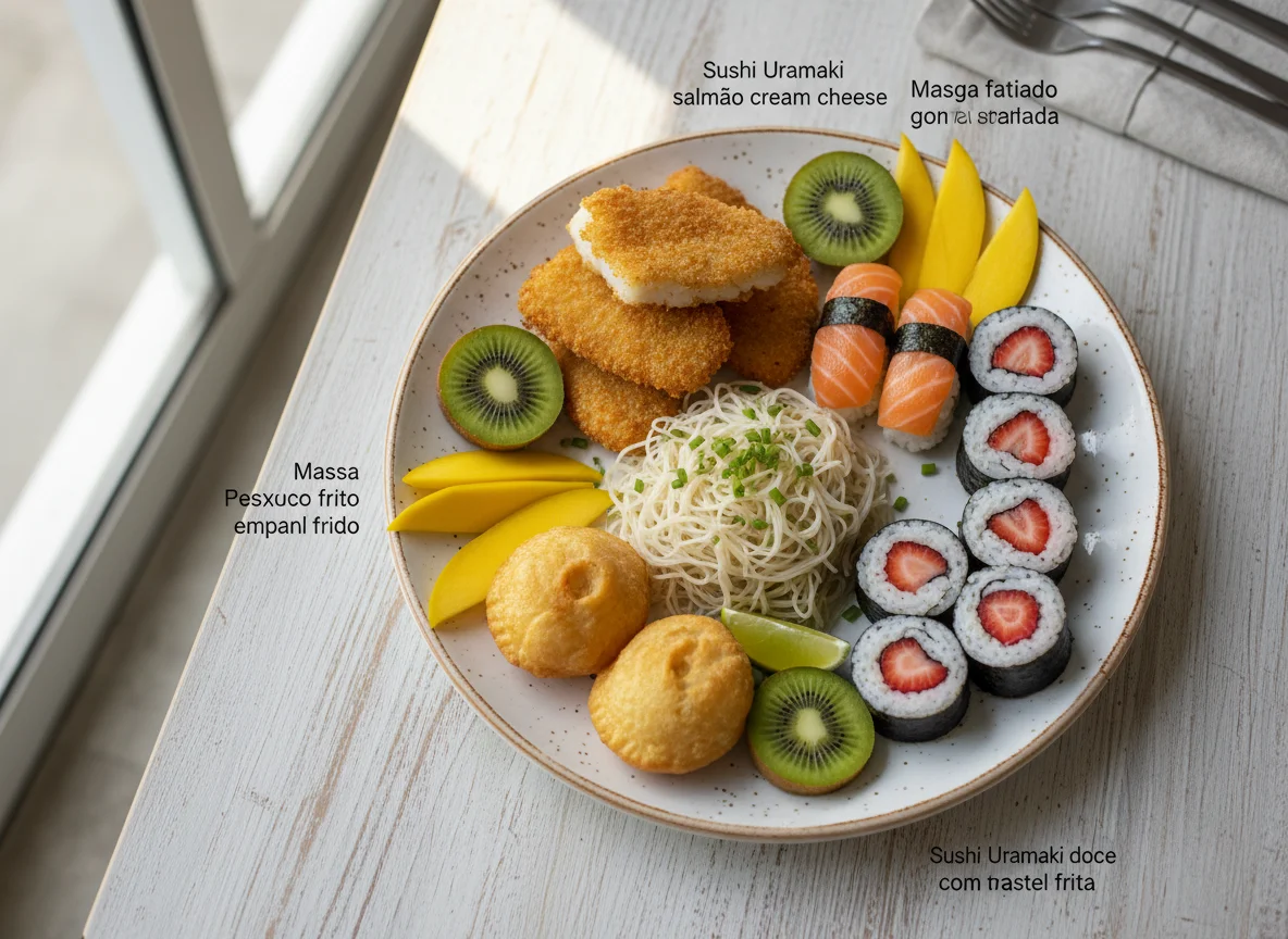 Prato variado com peixe frito, sushi e frutas photo