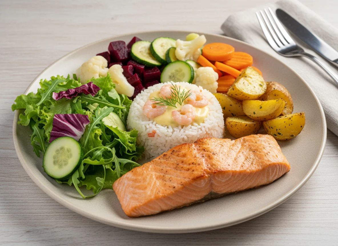 Prato variado com peixe grelhado e salada photo