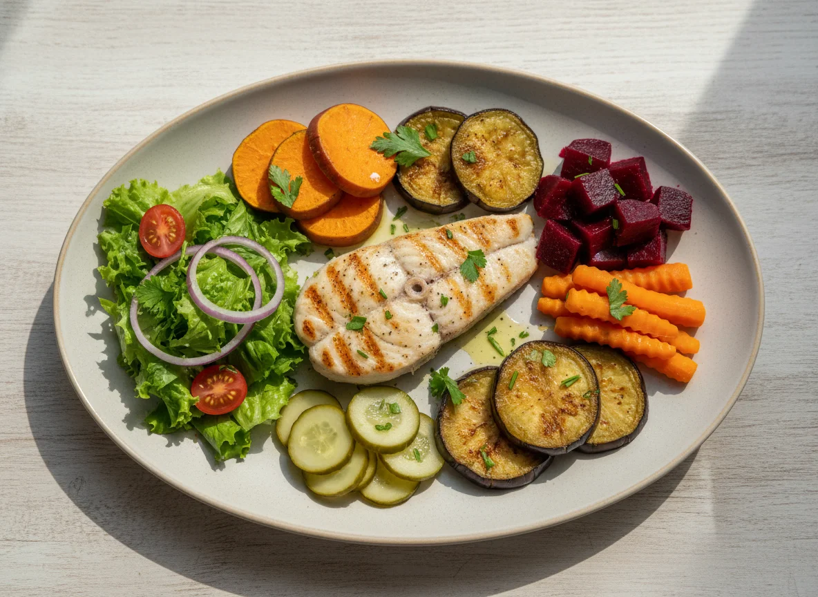 Prato variado com peixe grelhado e vegetais photo