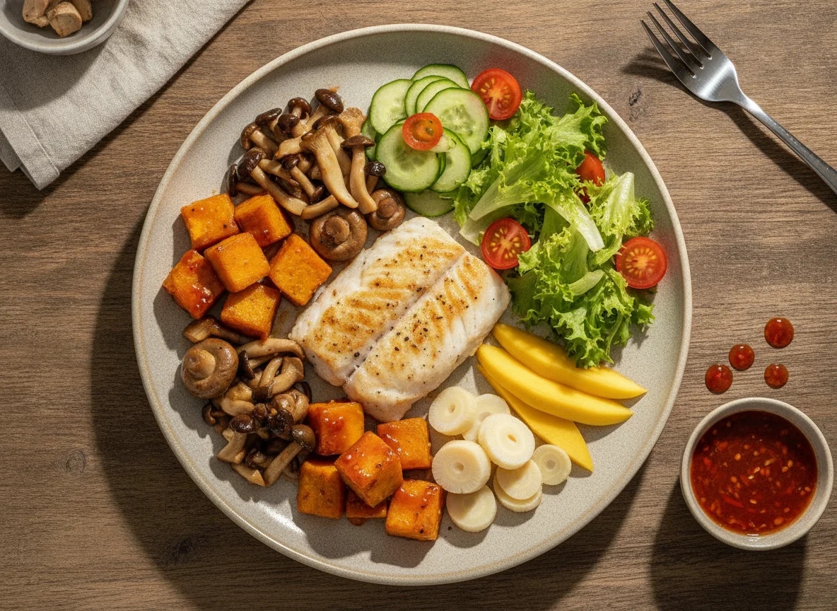 Prato variado com peixe grelhado, legumes e salada photo
