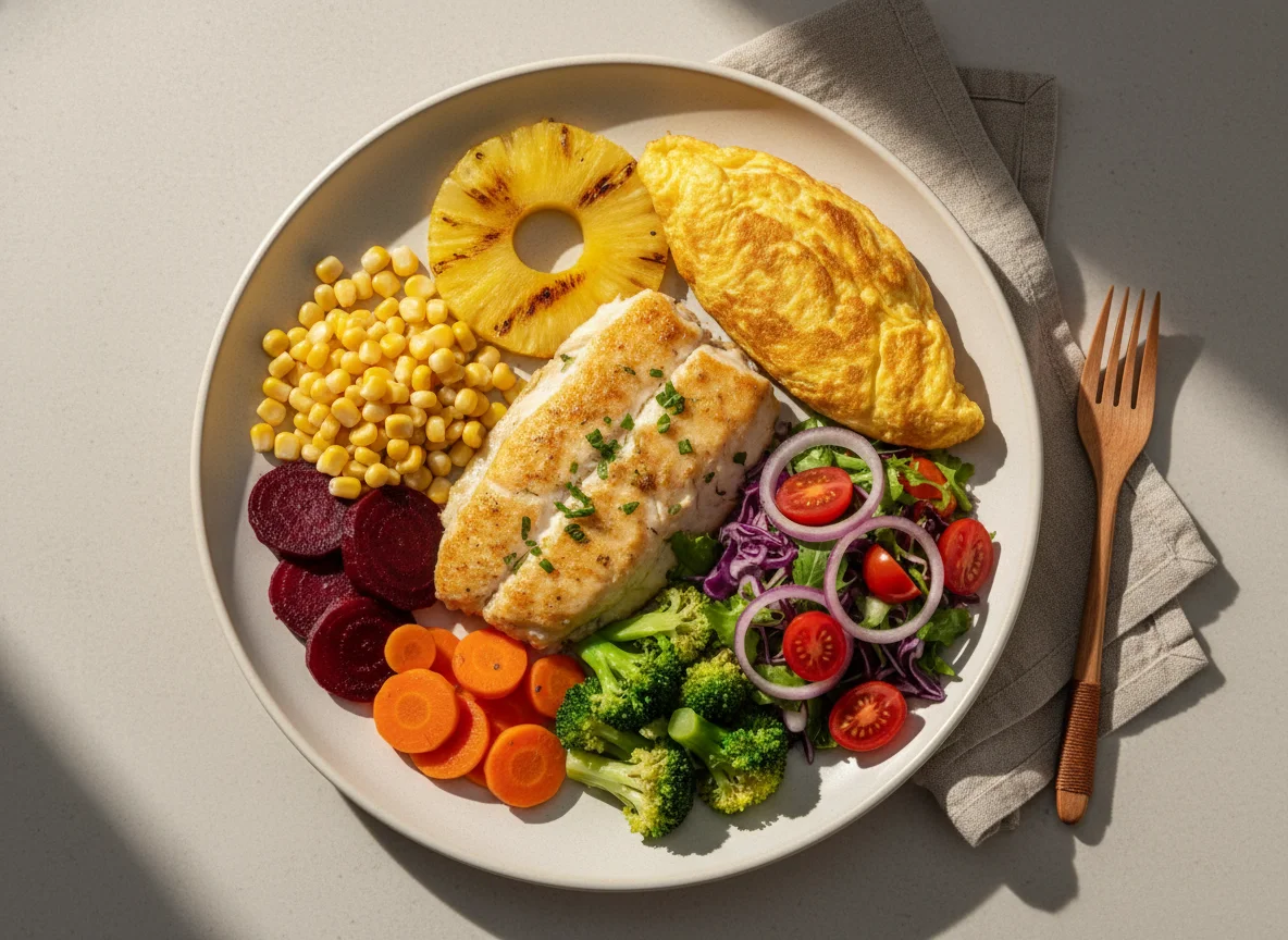 Prato variado com peixe, omelete e salada photo