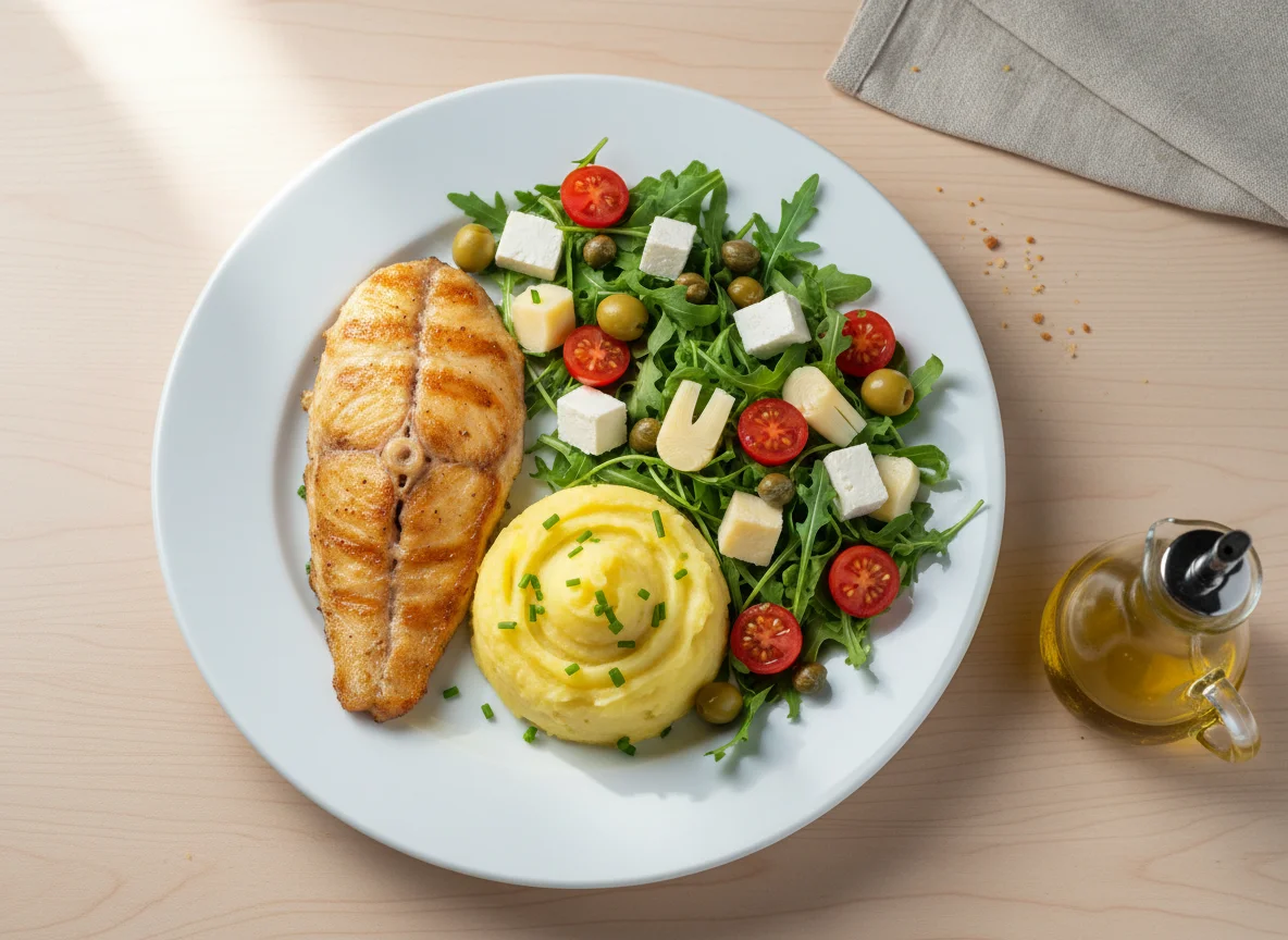 Prato variado com peixe, purê e salada photo