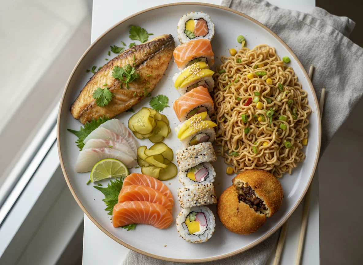 Prato variado com peixe, sushi e macarrão photo