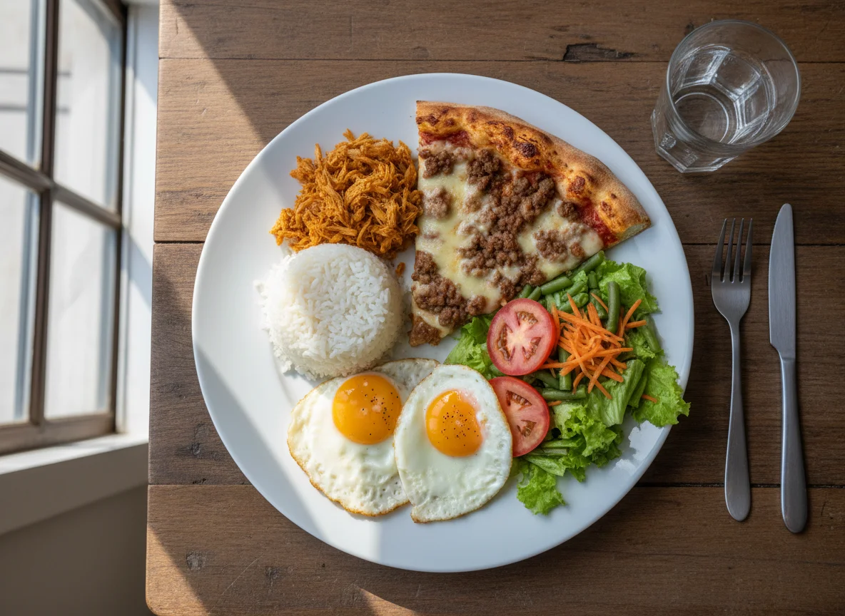 Prato variado com pizza, arroz, frango, ovos e salada photo