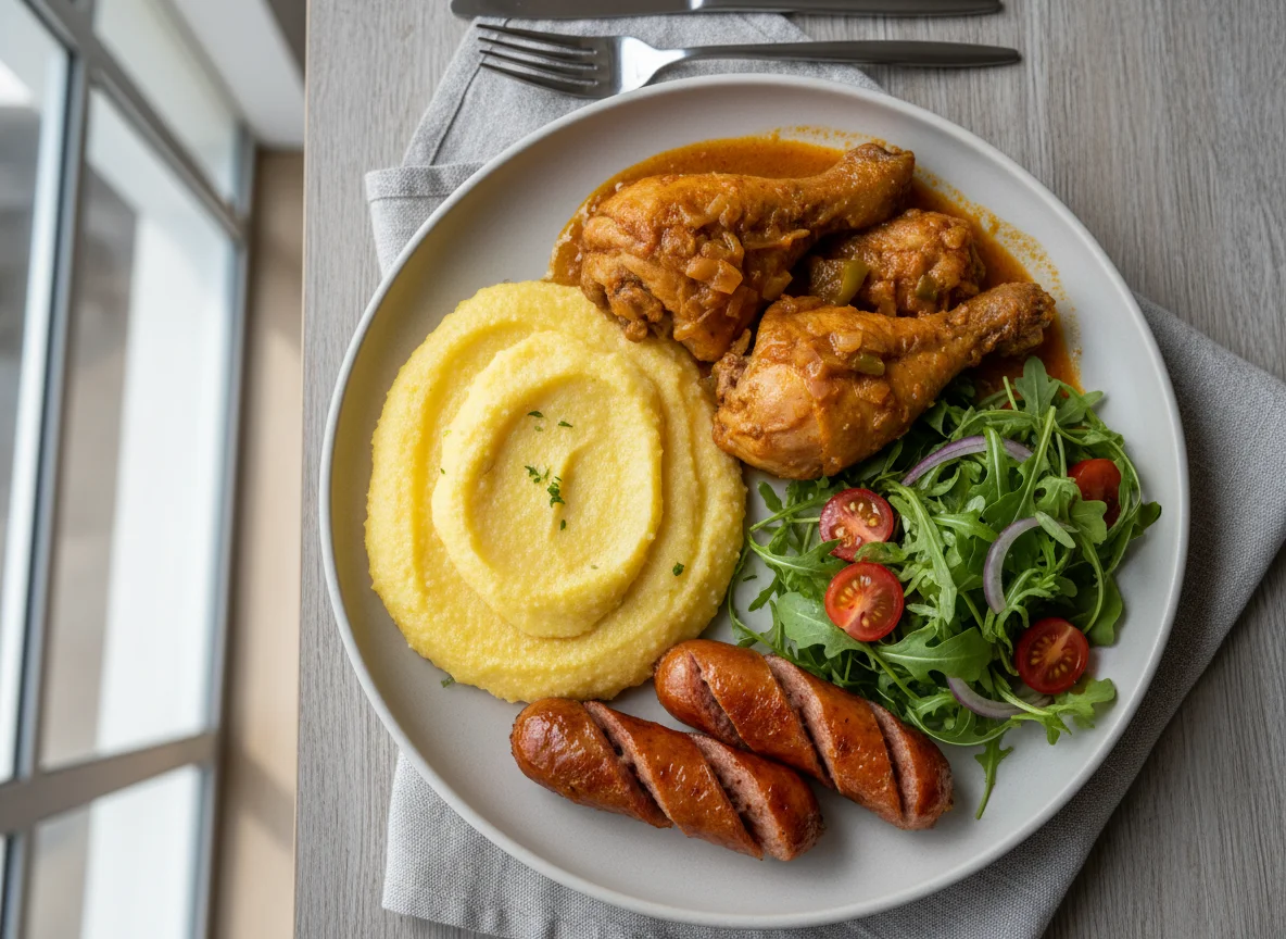 Prato variado com polenta, frango, linguiça e salada photo