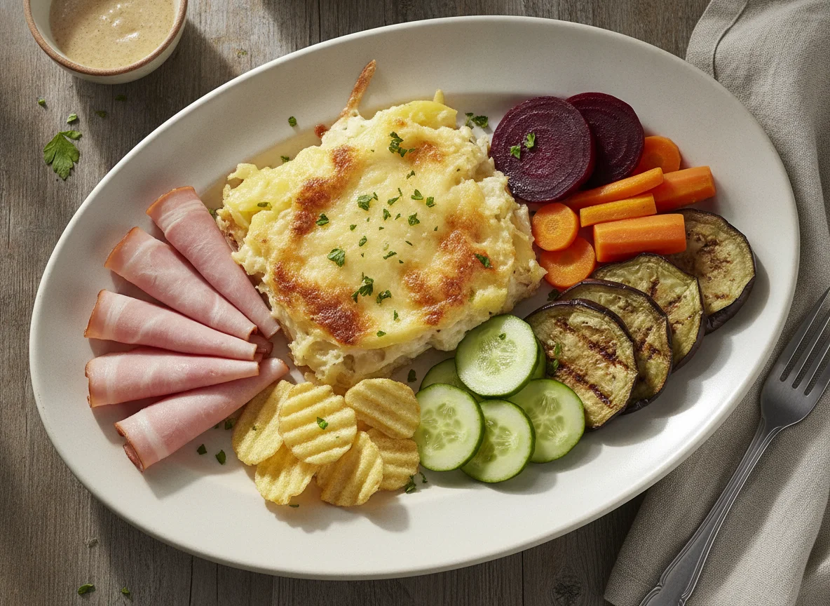 Prato Variado com Presunto, Batata Gratinada e Vegetais photo