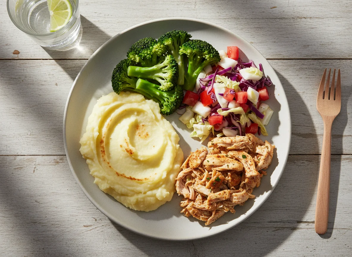 Prato variado com purê, brócolis, salada e carne photo