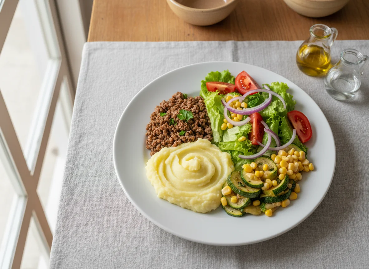 Prato variado com purê, carne moída e salada photo