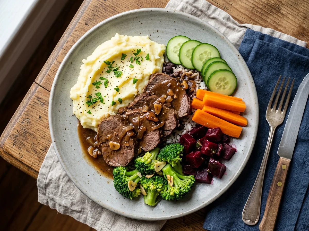 Prato variado com purê e carne photo