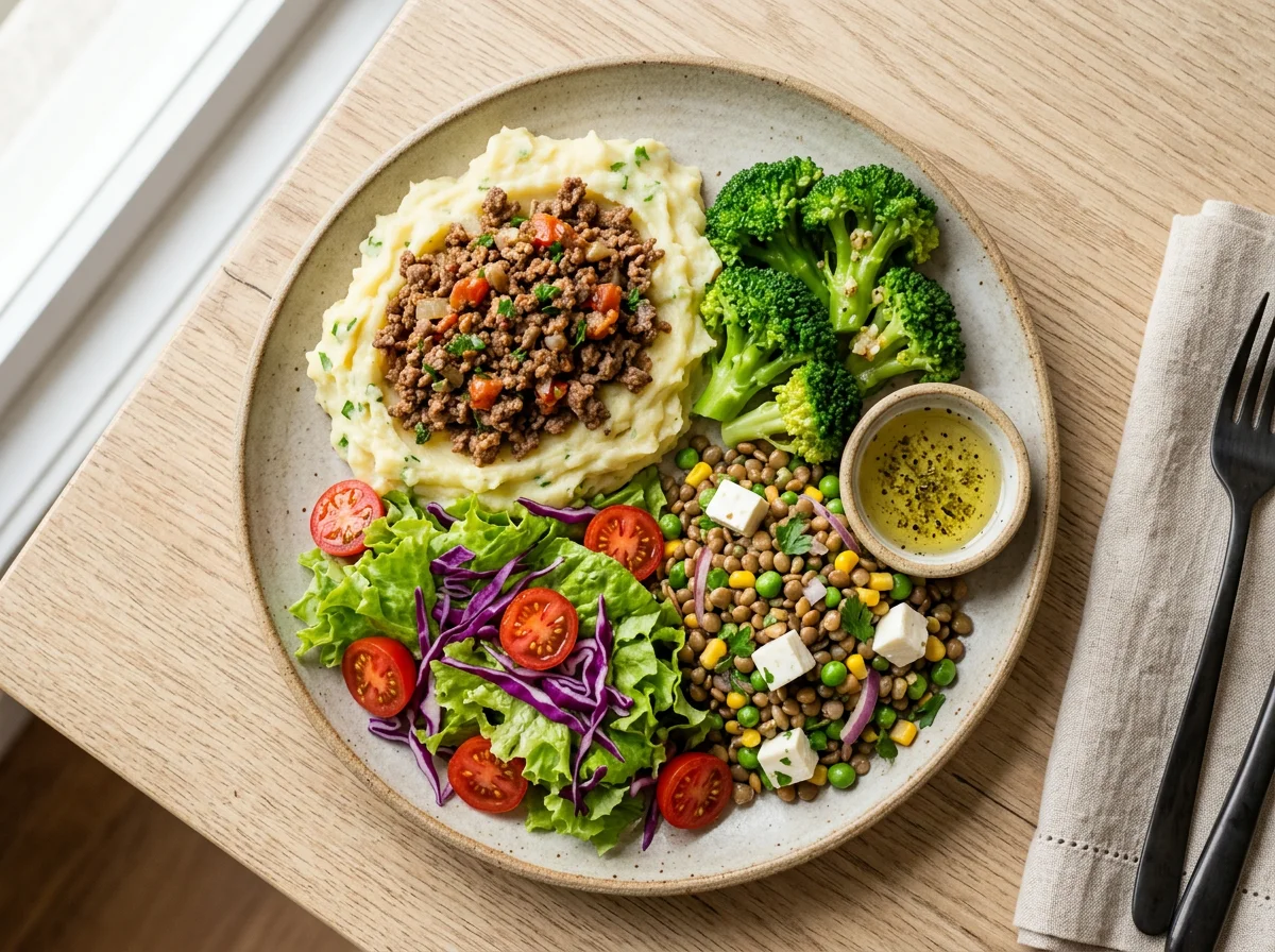 Prato variado com purê e salada photo