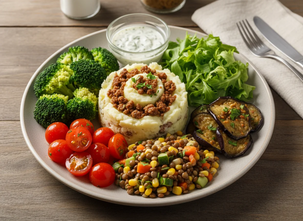 Prato variado com purê e saladas photo