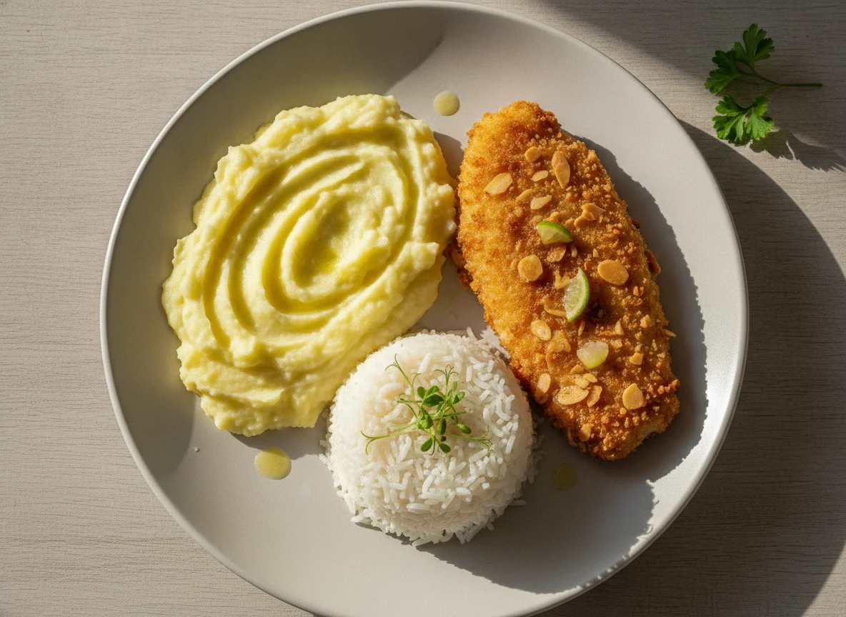 Prato variado com purê, peixe e arroz photo
