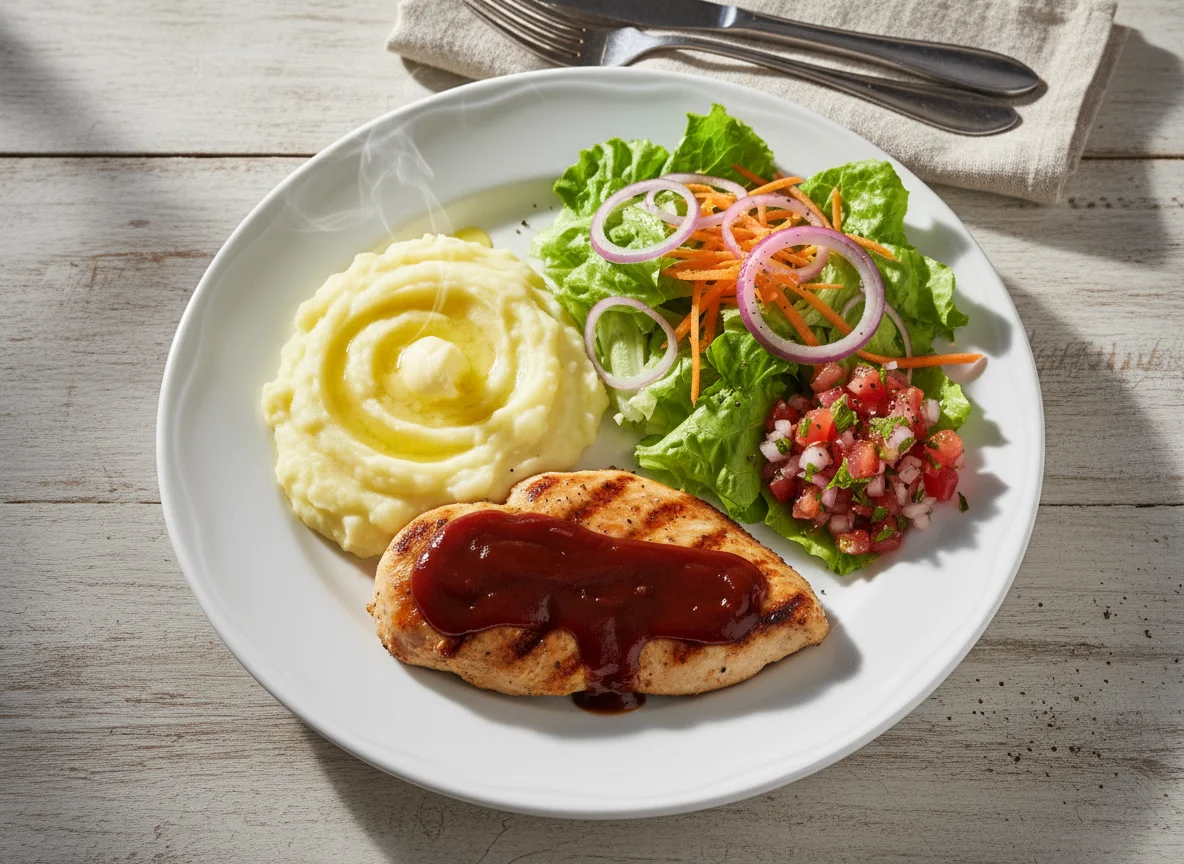 Prato variado com purê, salada e frango photo