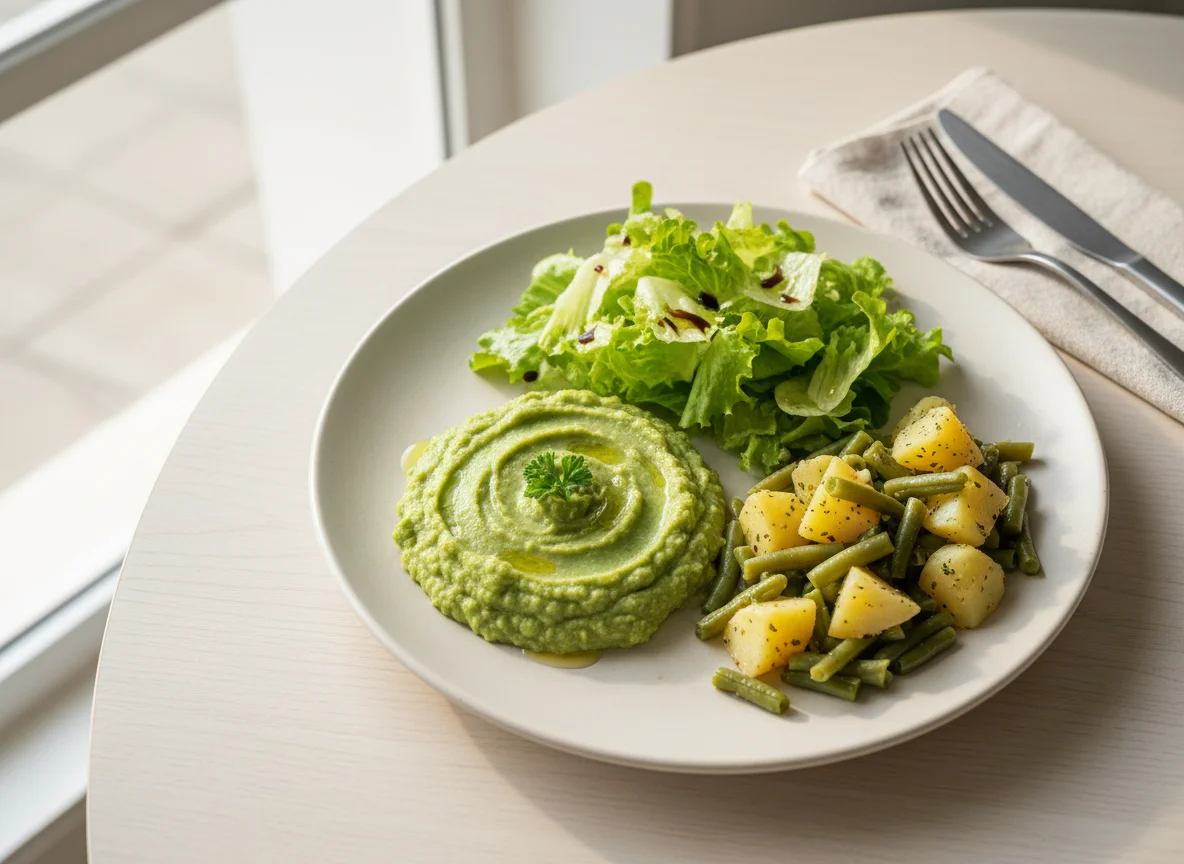 Prato variado com purê, salada e legumes photo