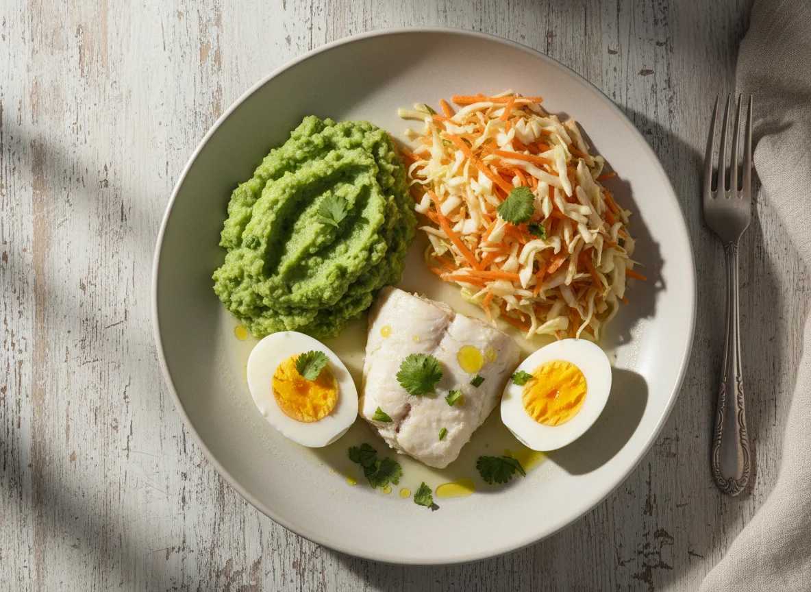 Prato variado com purê, salada, peixe e ovos photo